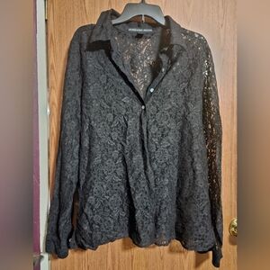 JOSEPHINE CHAUS Black Lace Nylon/Spandex Long Sleeve Button Blouse!